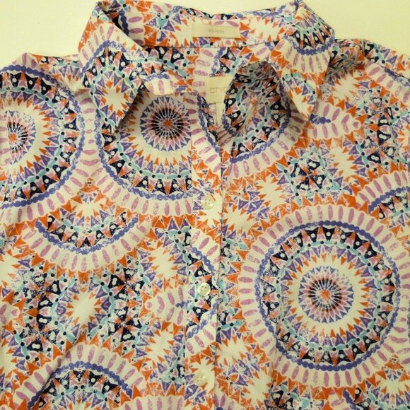 Chicos Button Up Shirt Womens Sz 0 Colorful Geometric White Red Blue Top Blouse - Picture 3 of 3